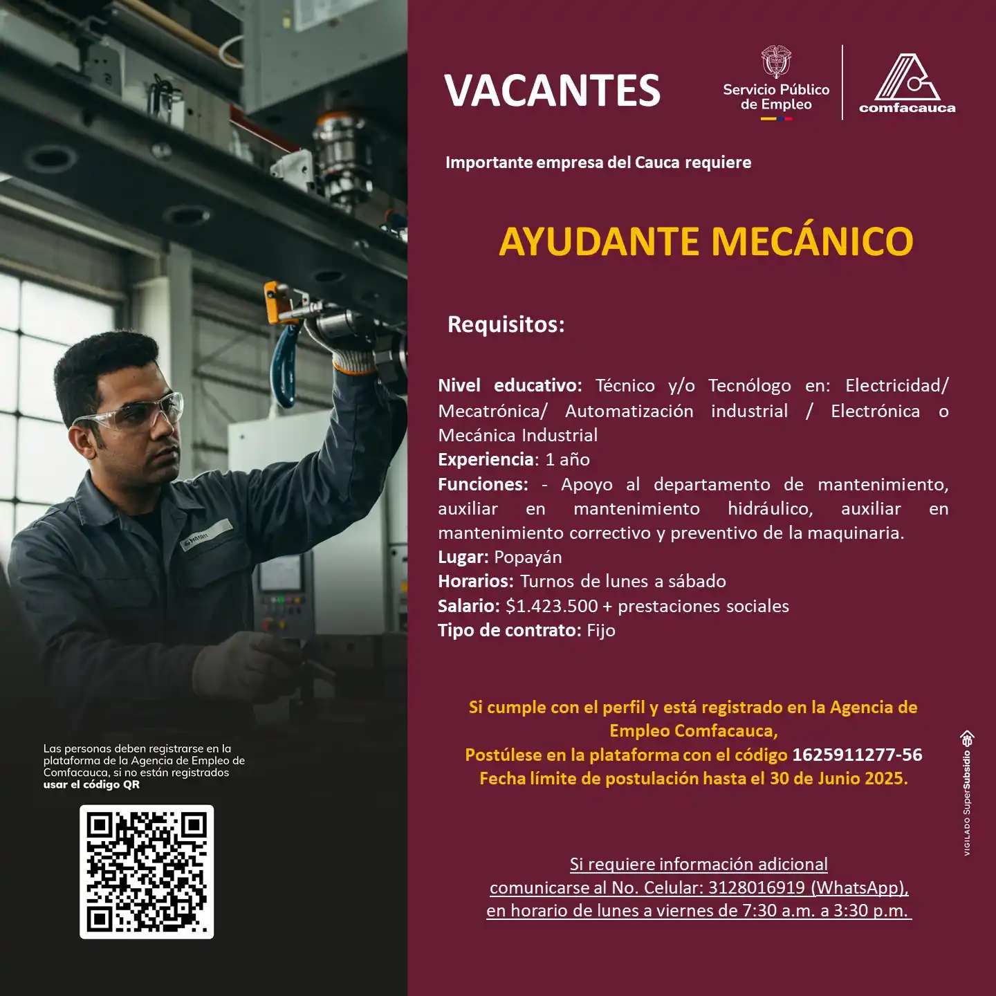 Image from Agencia de Empleo Comfacauca: Se requiere ayudante mecánico en Popayán...