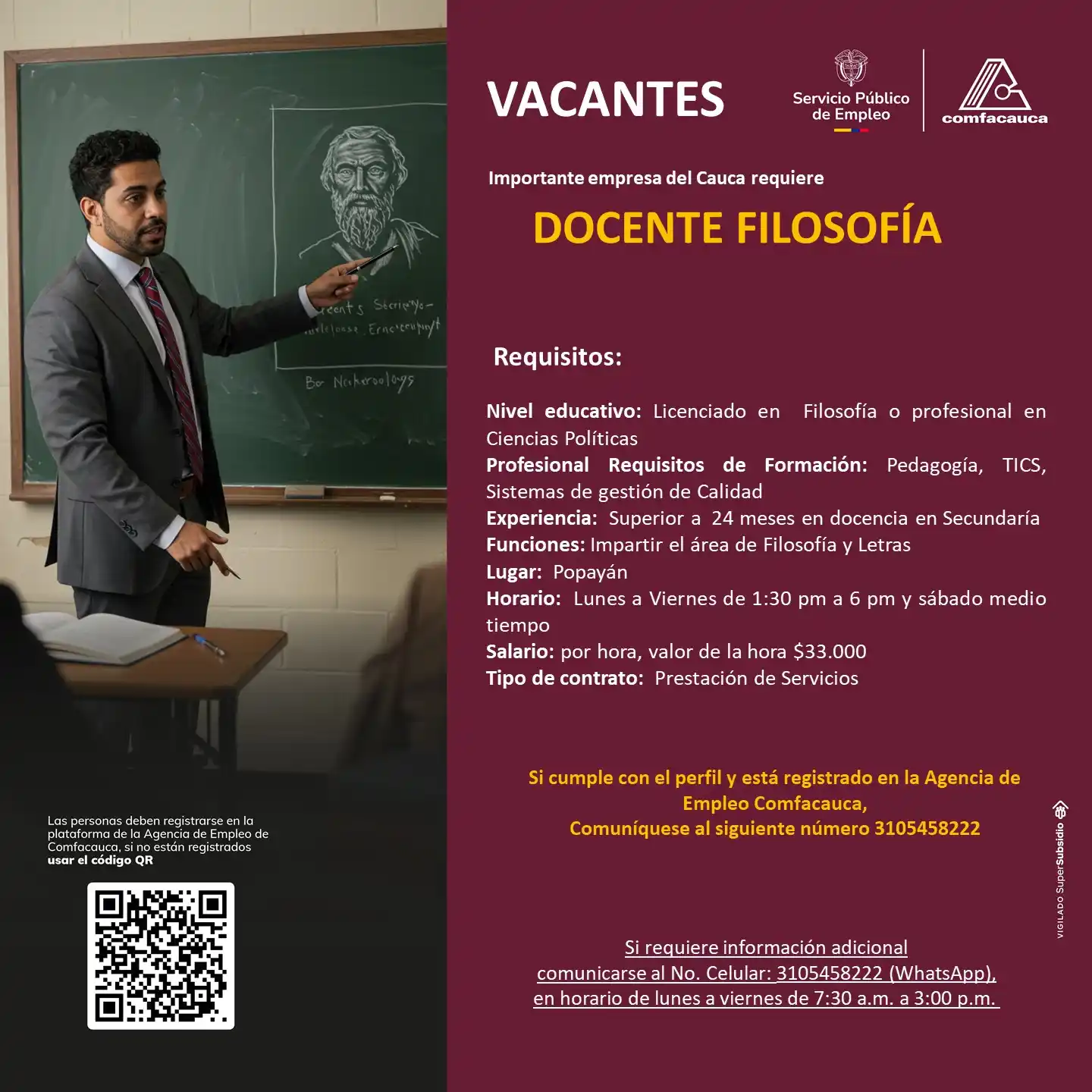 Image from Agencia de Empleo Comfacauca: 👆Se requiere Docente de Filosofía en Popayán...