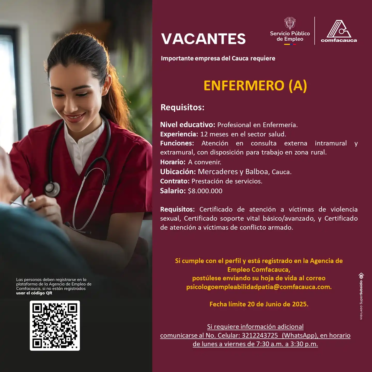 Image from Agencia de Empleo Comfacauca: Se requiere Enfermero en Mercaderes y Balboa Cauca...
