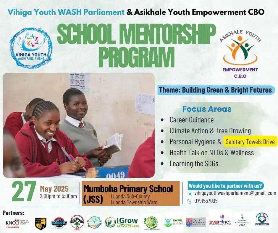 Image from VIHIGA YOUTH WATER, SANITATION, AND HYGIENE PARLIAMENT. OFFICIAL: 📢 *Venue Change Update for the School Mentorship Program!*📢 We wa...