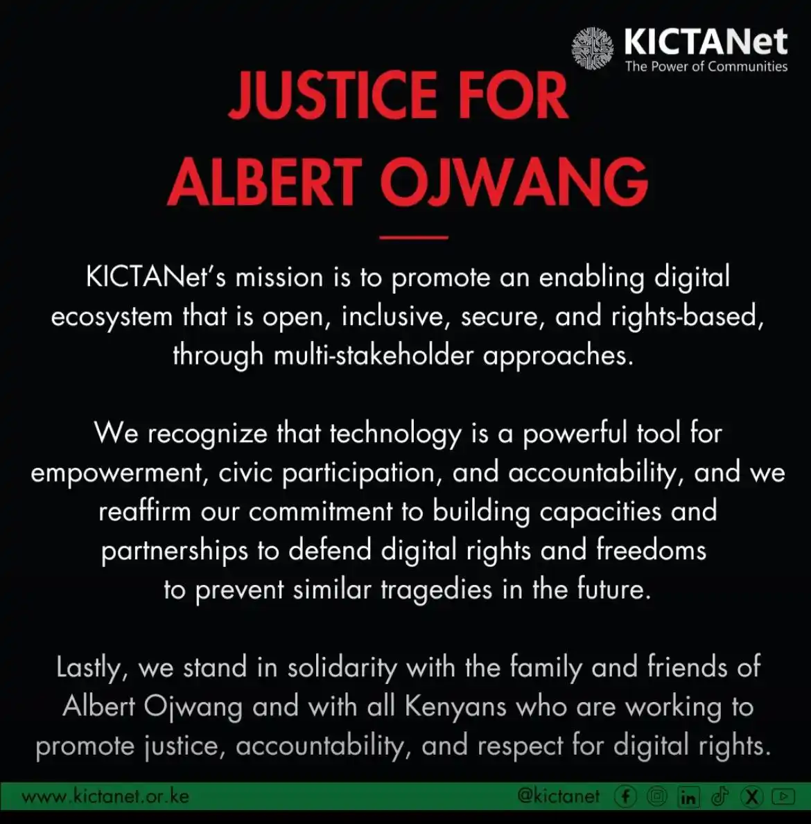 Image from KICTANet: We are deeply saddened 😔 by the tragic death of Albert Ojwang while i...