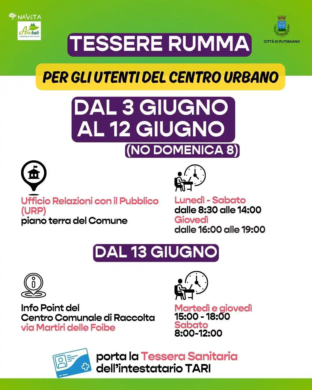 Image from Città di Putignano : 🪪 Da martedì 3 giugno gli utenti del Centro Urbano potranno ritirare ...