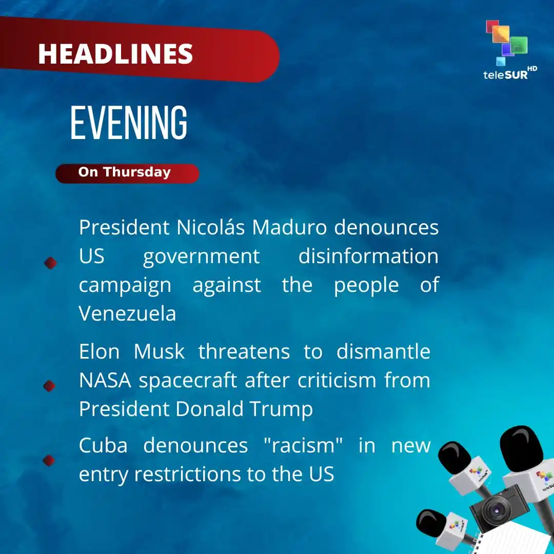 Image from teleSUR English: Good evening 🌕 We share headlines at the time 🔹 President Nicolás M...