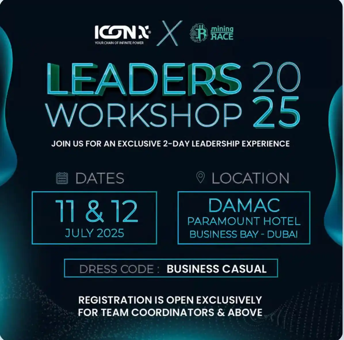 Image from ICONX,MINING Race: أي قائد وصل لرتبة TC ومافوق ستكون ورشة تدريبية لمدة يومين بدبي في فندق...