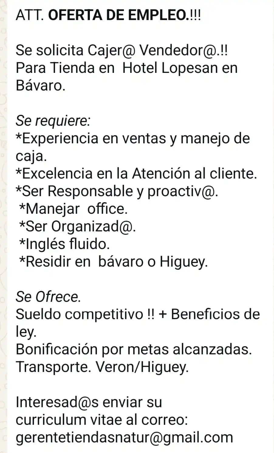 Image from Disi Mota Publicidad Empleos: Bávaro  Interesad@s enviar su curriculum vitae al correo:  gerentetien...