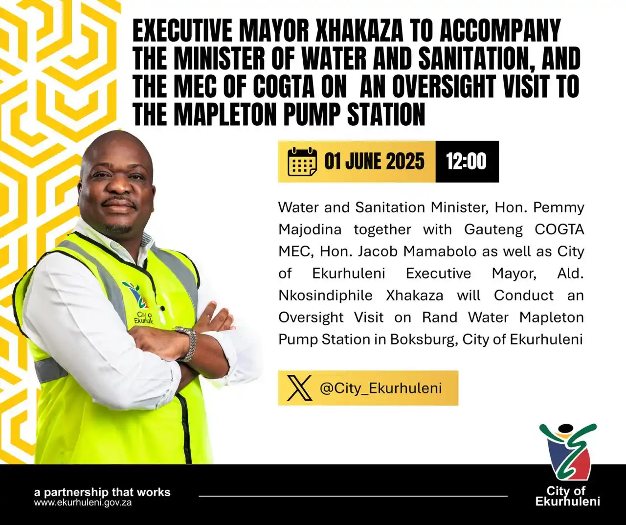 Image from City of Ekurhuleni: 🚨 *Oversight Visit Alert* 🚨 Water & Sanitation Minister Hon. Pemmy ...