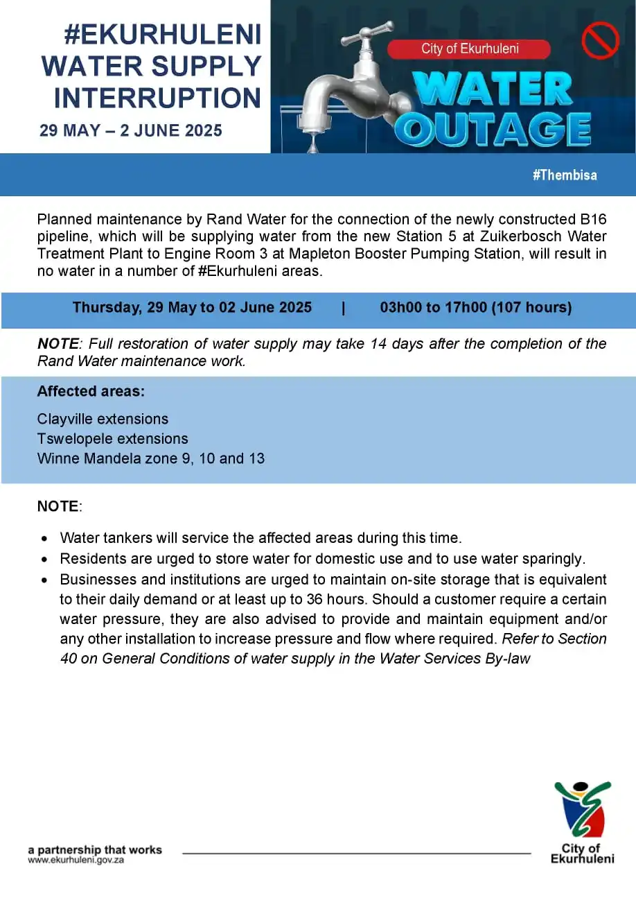 Image from City of Ekurhuleni: 💦REMINDER: RAND WATER MAINTENANCE ➖➖➖➖➖➖➖➖ ↪️From 03h00 on Thursday...