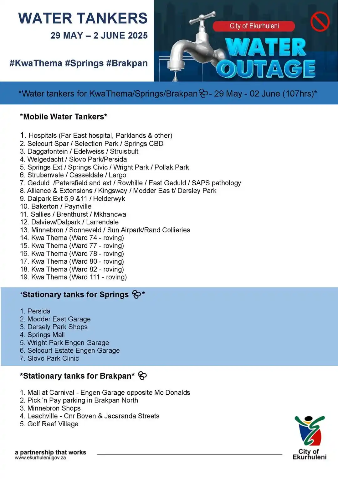 Image from City of Ekurhuleni: 💦🚚WATER TANKER POSITIONS While Rand Water's planned maintenance tak...