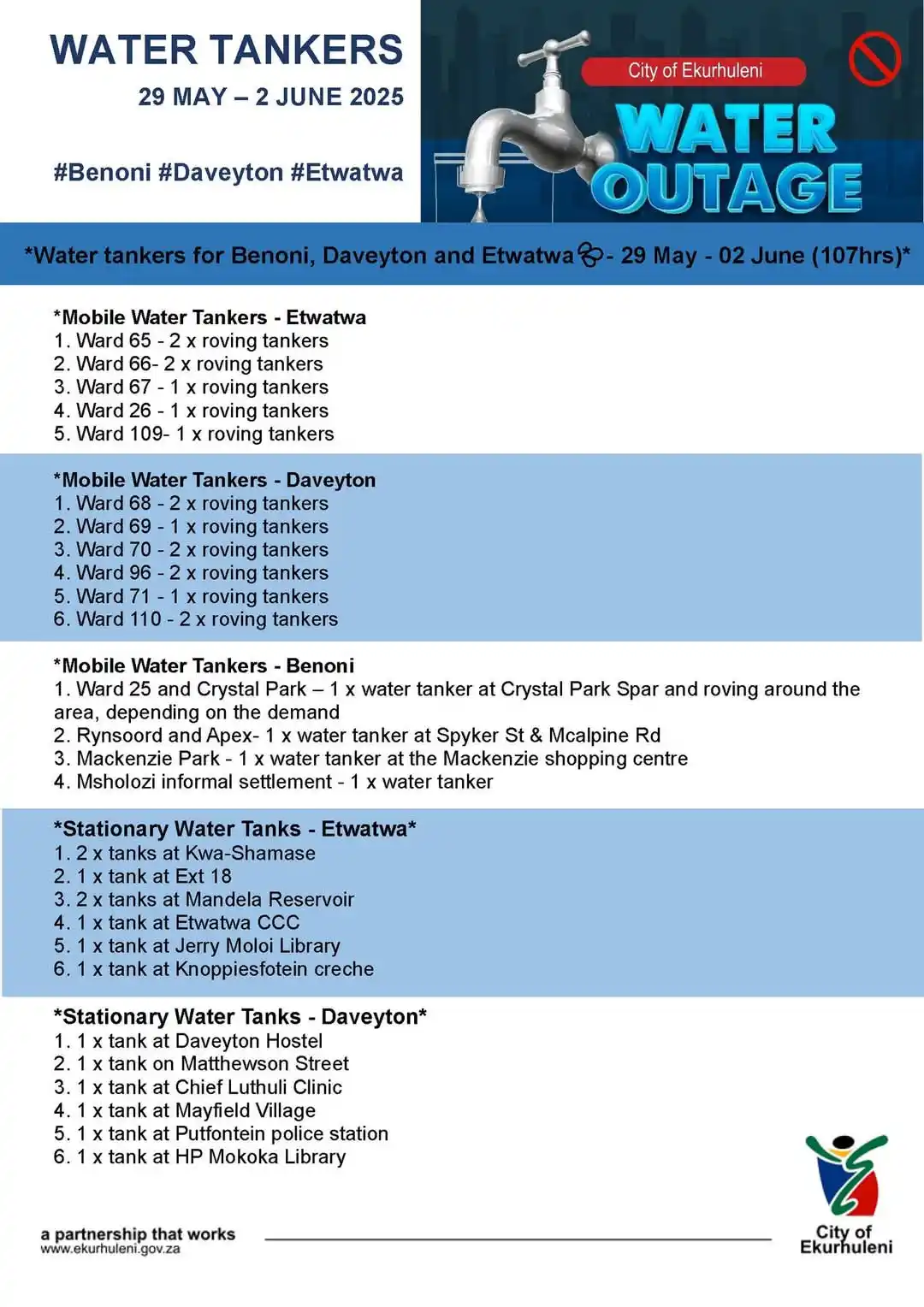 Image from City of Ekurhuleni: 💦🚚WATER TANKERS See the list for where water tankers will be posi...