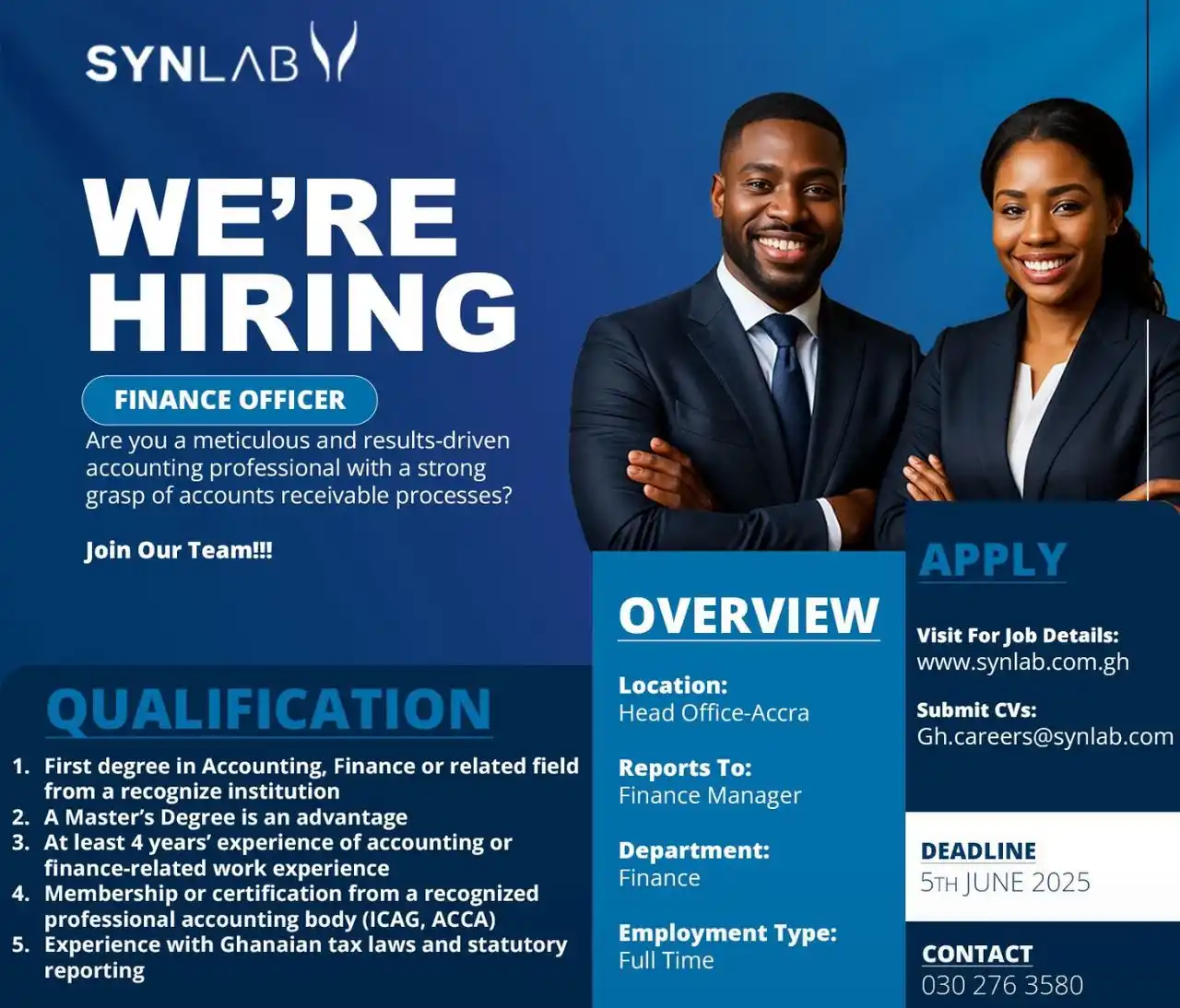Image from Edward Asare: We're Hiring! Join SYNLAB Ghana as a Finance Officer. Are you a met...