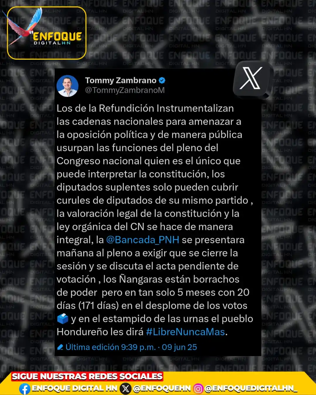 Image from Enfoque Digital HN: EDHN 📌|| El jefe de bancada del Partido Nacional, Tomás Zambrano, res...