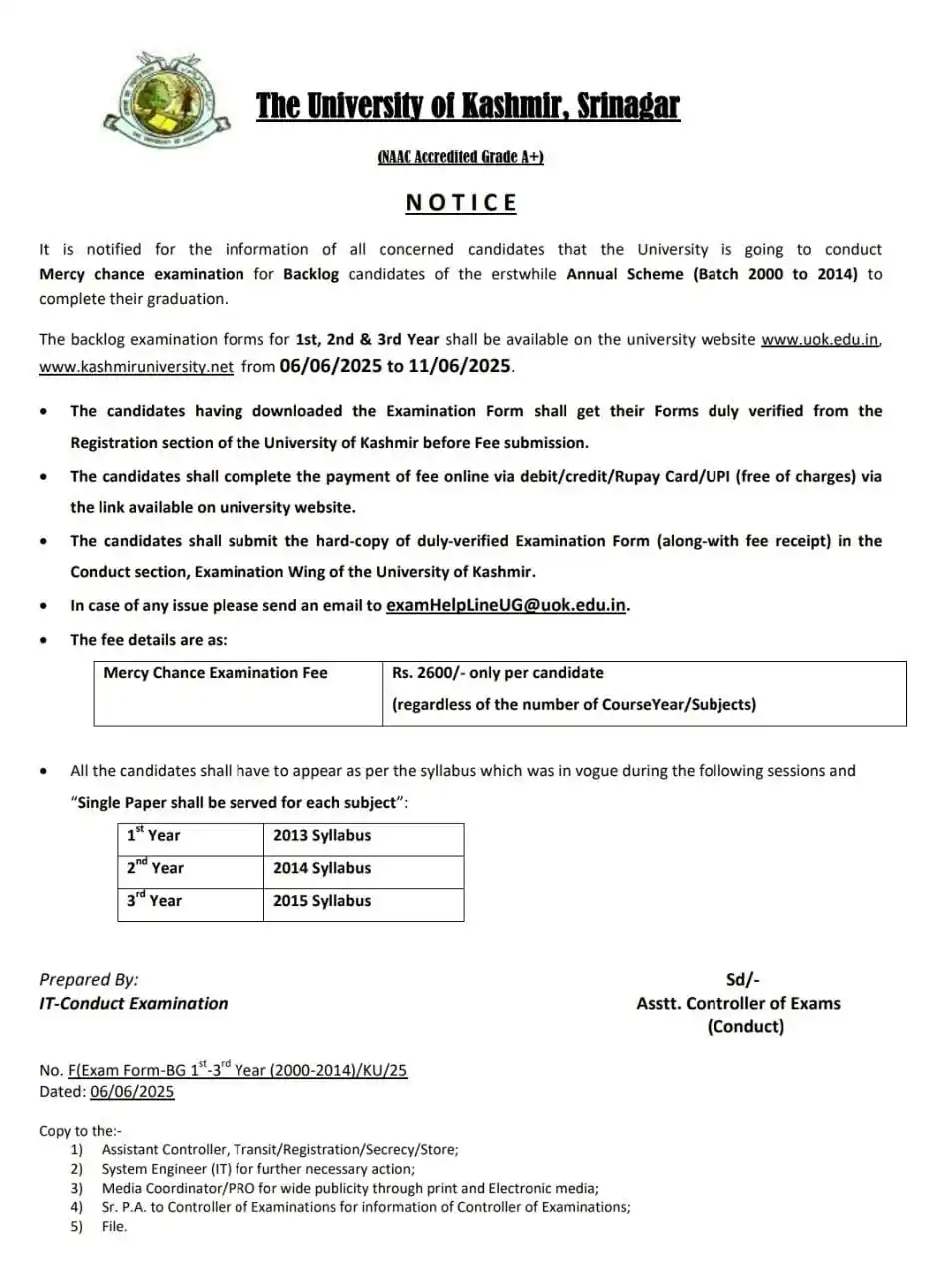 Image from Sagar Sajad Shah: _*Kashmir University - It is notified for the information of all conce...