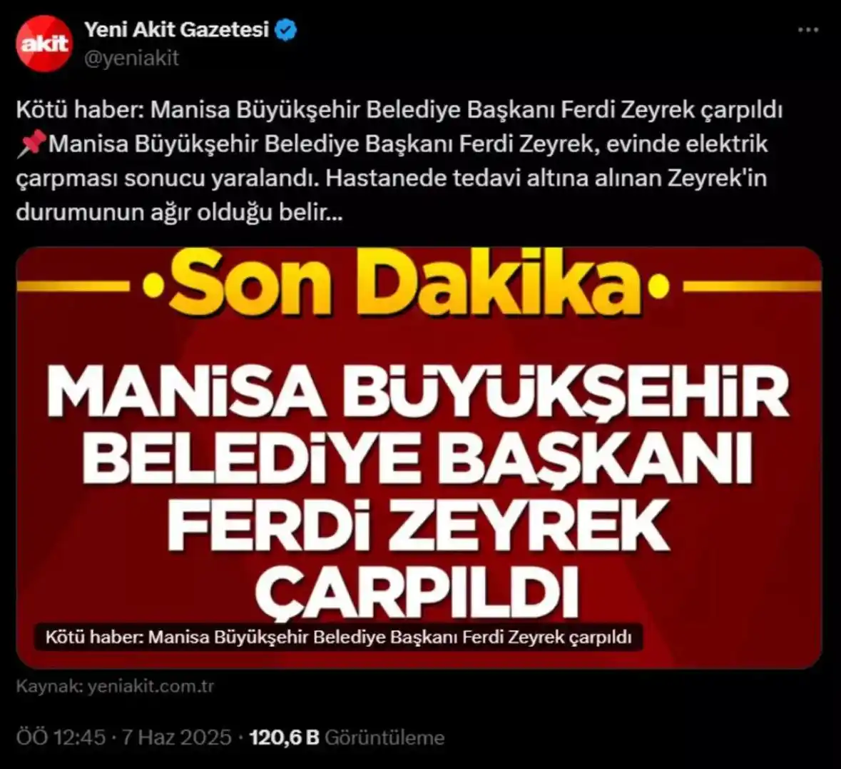Image from Mynet: 🔴 Manisa Büyükşehir Belediye Başkanı Ferdi Zeyrek, talihsiz bir şekil...