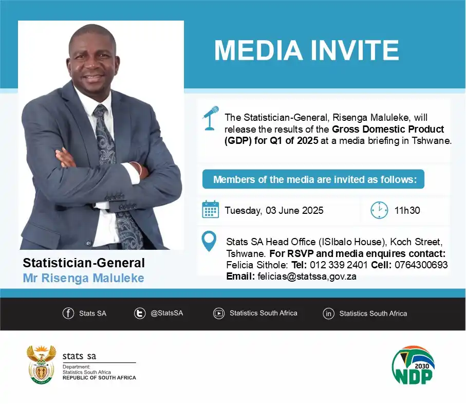 Image from Statistics South Africa: *MEDIA INVITE* The Statistician-General, Risenga Maluleke, will relea...