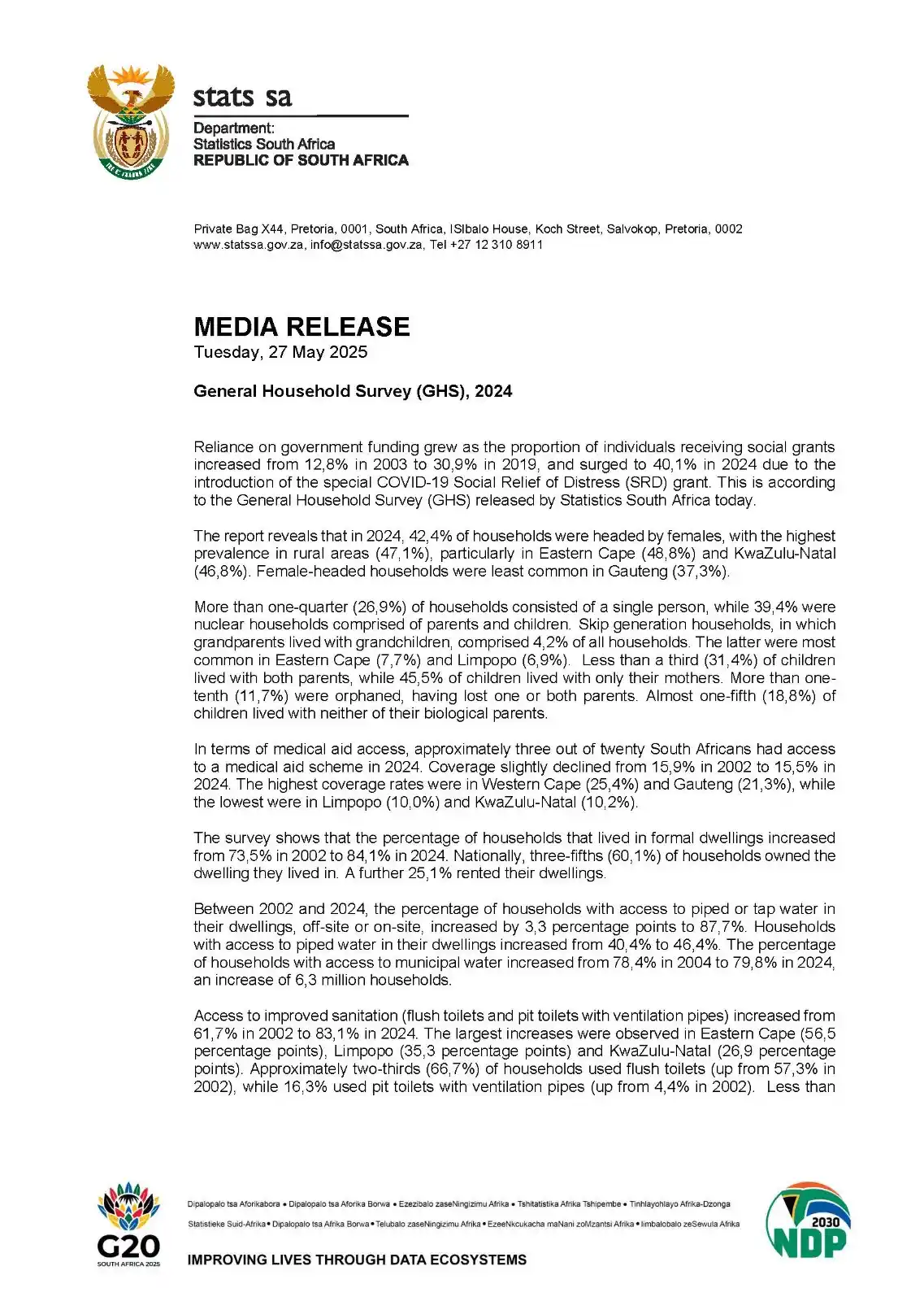 Image from Statistics South Africa: *Media Release* Reliance on government funding grew as the proportio...