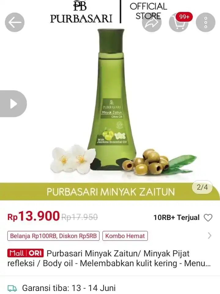 Image from DISKONAN PROMO SHOPEE👛 RACUN SHOPEE🎀 PROMO BELANJA ONLINE 🛒: Purbasari Minyak Zaitun/ Minyak Pijat refleksi / Body oil https://s....