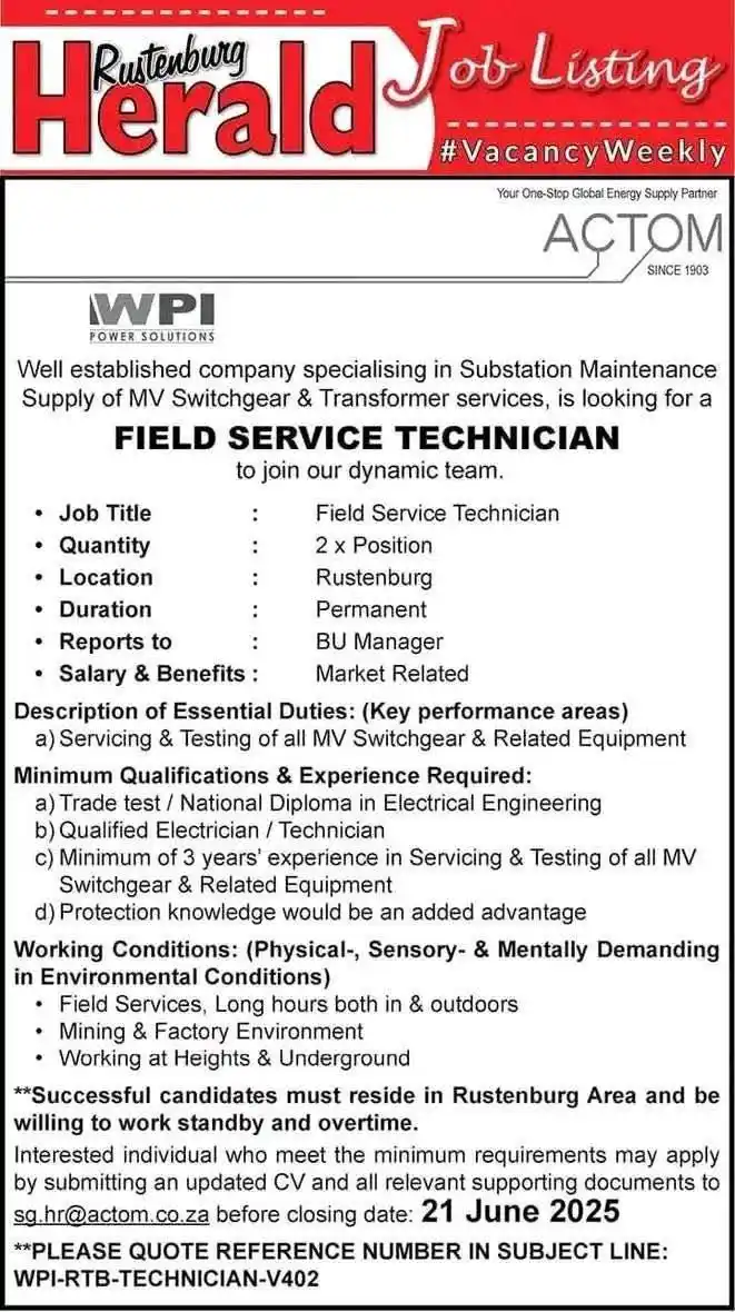 Image from Get Employed with GILEJoBs.co.za: FIELD SERVICE TECHNICIANS (x2) Permanent Opportunity | WPI Power Sol...