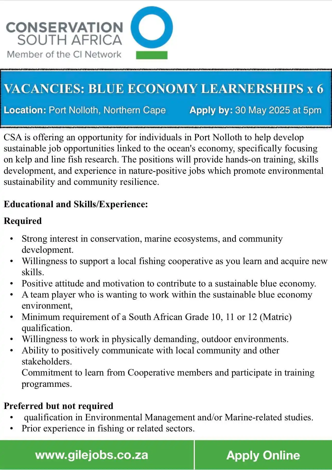 Image from Get Employed with GILEJoBs.co.za: LAST CHANCE to apply for Conservation South Africa’s Blue Economy Lear...