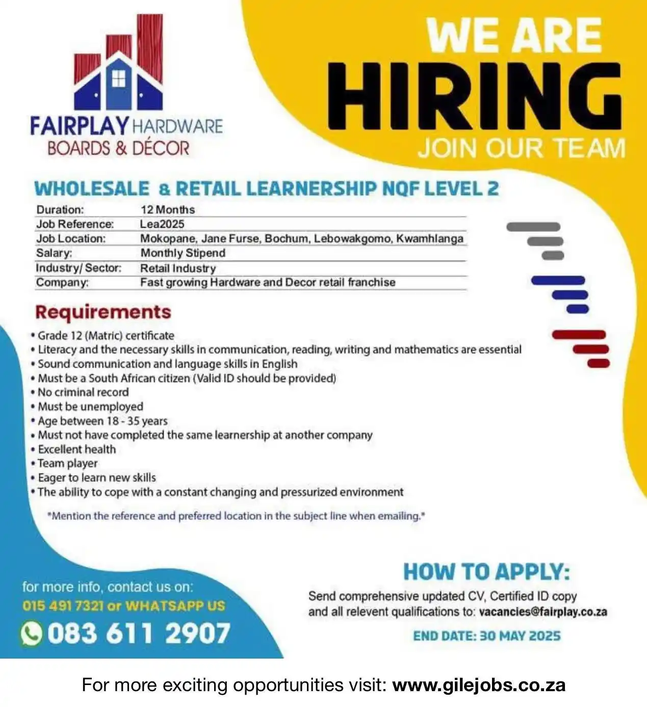 Image from Get Employed with GILEJoBs.co.za: LAST CHANCE to apply for Fairplay Hardware’s Wholesale & Retail Learne...