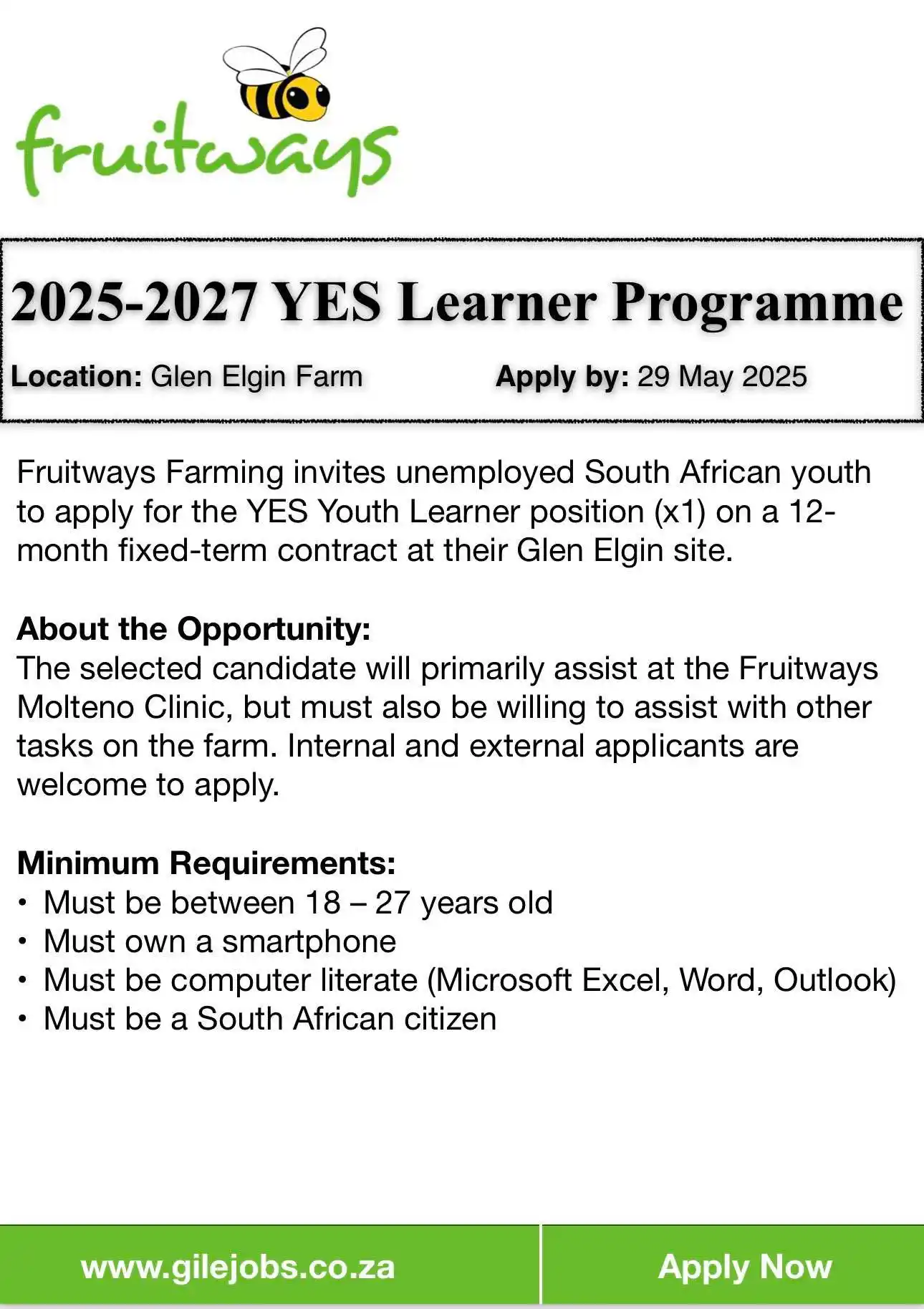 Image from Get Employed with GILEJoBs.co.za: LAST CHANCE to apply for Fruitways Farming’s YES Youth Learner Program...