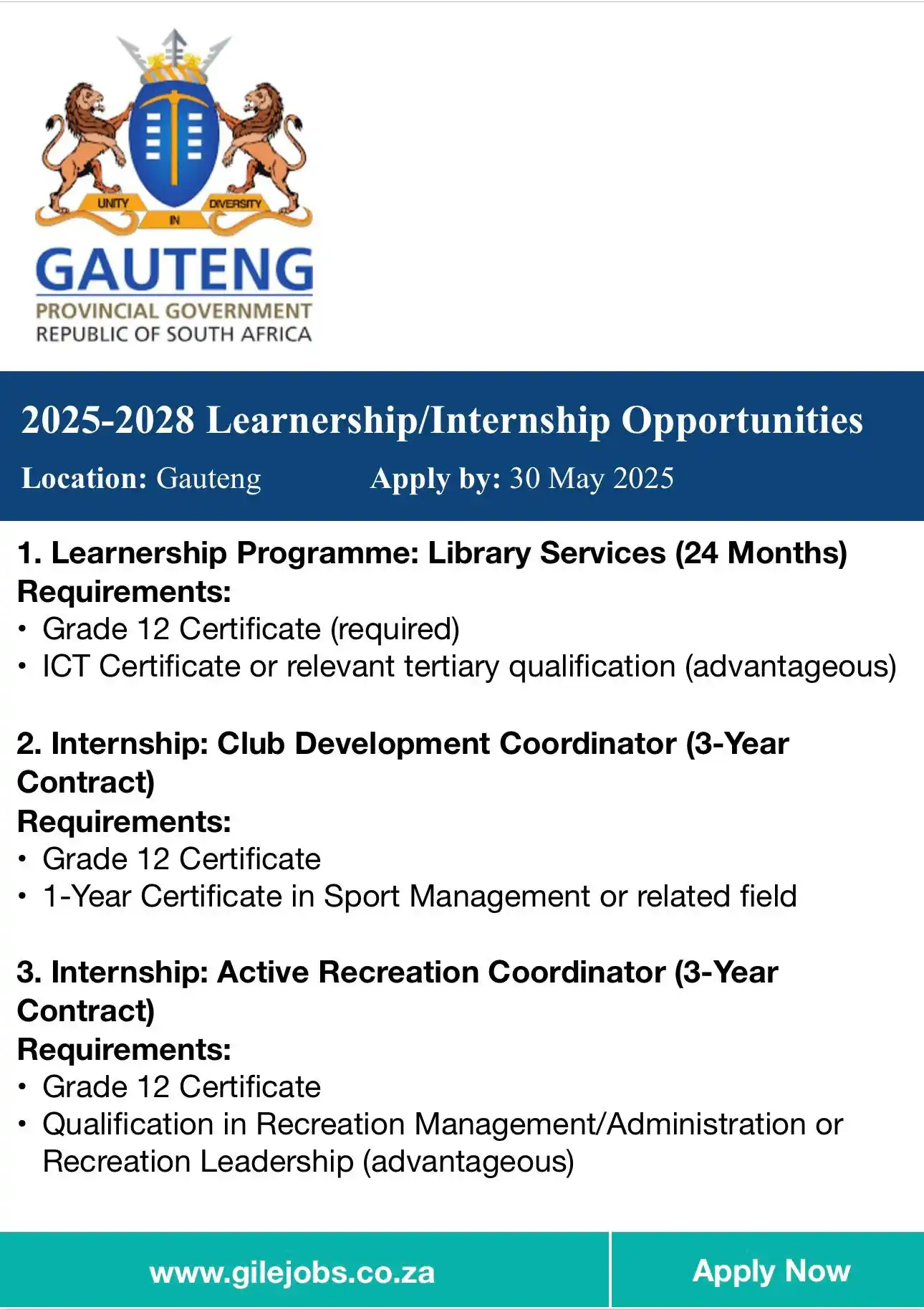 Image from Get Employed with GILEJoBs.co.za: LAST CHANCE to apply for Gauteng Provincial Government’s Learnerships/...