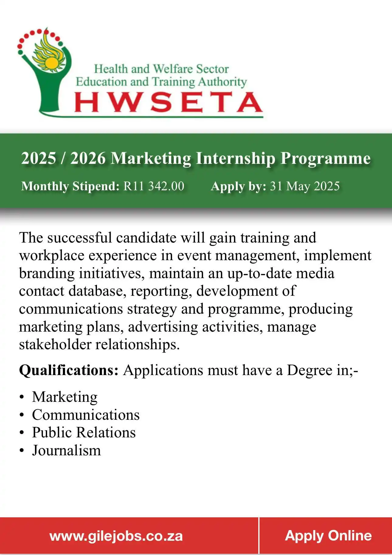Image from Get Employed with GILEJoBs.co.za: LAST CHANCE to apply for HWSETA’s 2025 / 2026 Marketing Internships! ...