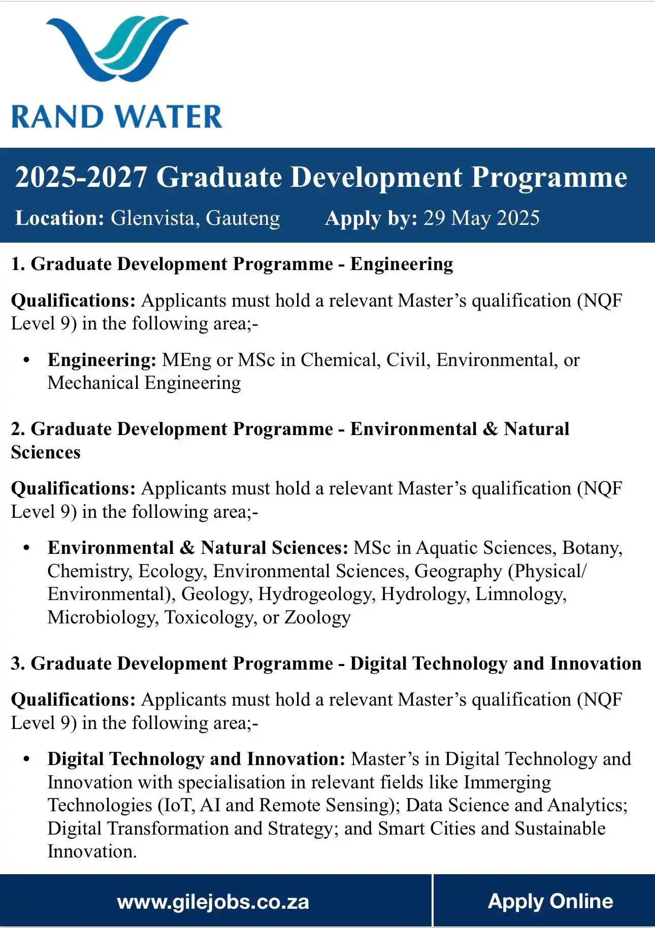 Image from Get Employed with GILEJoBs.co.za: LAST CHANCE to apply for Rand Water’s Graduate Development Programme f...
