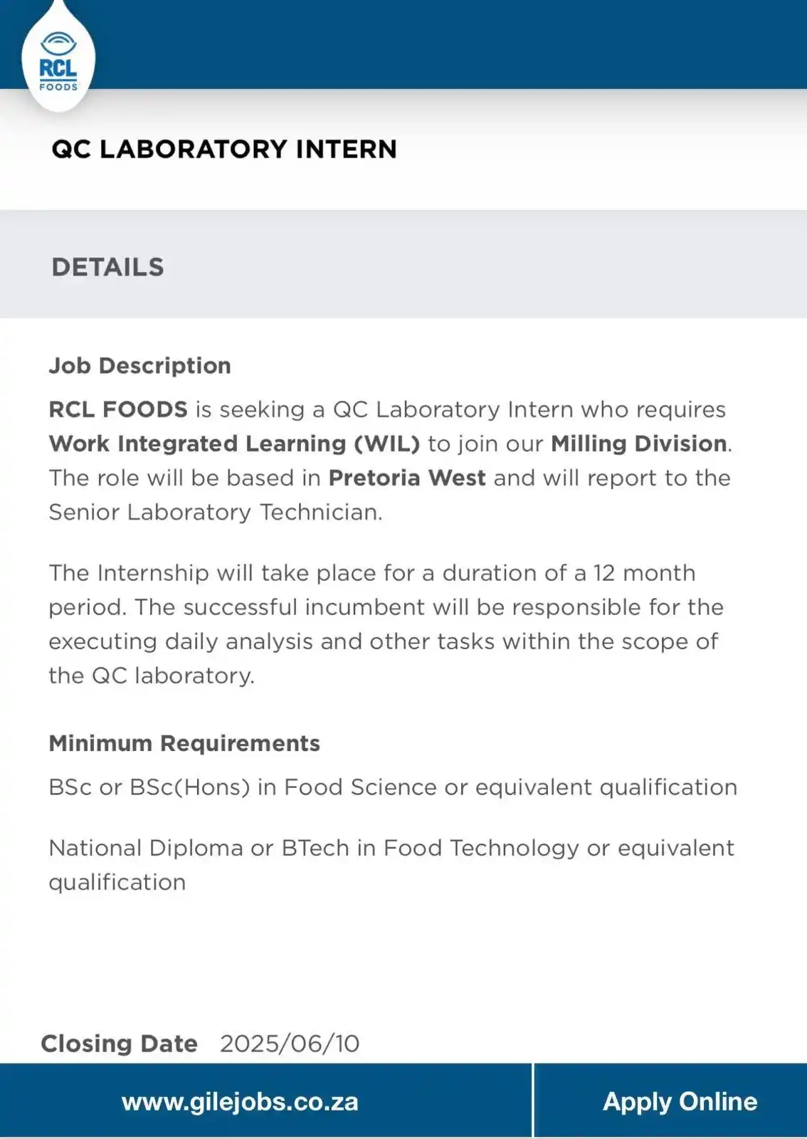 Image from Get Employed with GILEJoBs.co.za: LAST CHANCE to apply for RCL FOODS’ QC Laboratory Internships for the ...