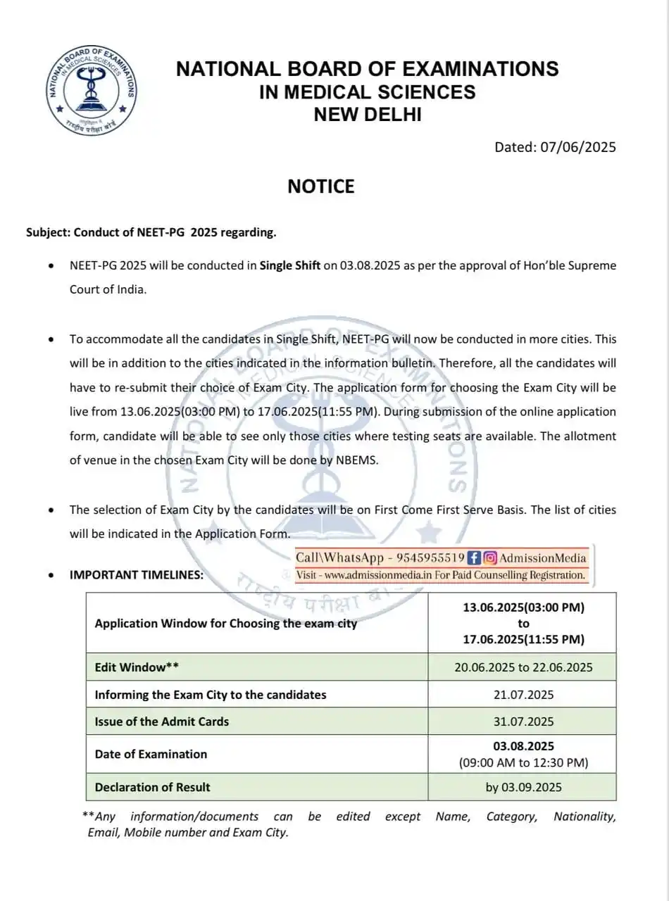 Image from Neet PG Admission Guidance By - Admission Media: *NBE Notice on NEET PG 2025* Note:The application form for choosing t...