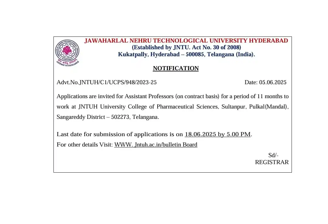 Image from Jntuh Examupdt: Notification for Assistant Professors (on contract basis) work at JNTU...