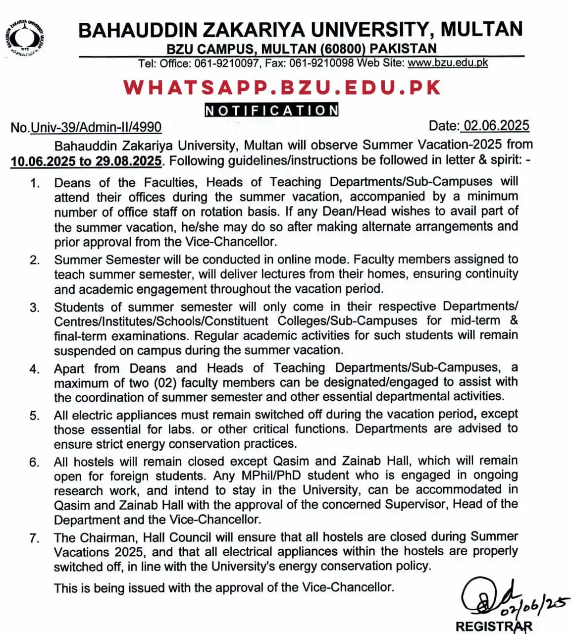 Image from Bahauddin Zakariya University: Notification of BZU Summer Vacation, 2025...