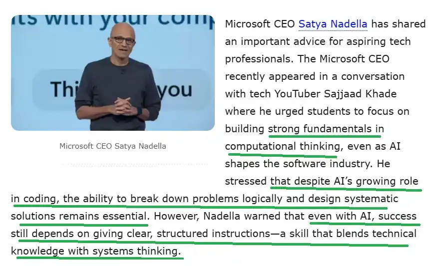 Image from 👍Java Spring Boot & Microservice Realtime Project development CT👍: *Satya Nadella message to entry level professionals* Strong fundamenta...