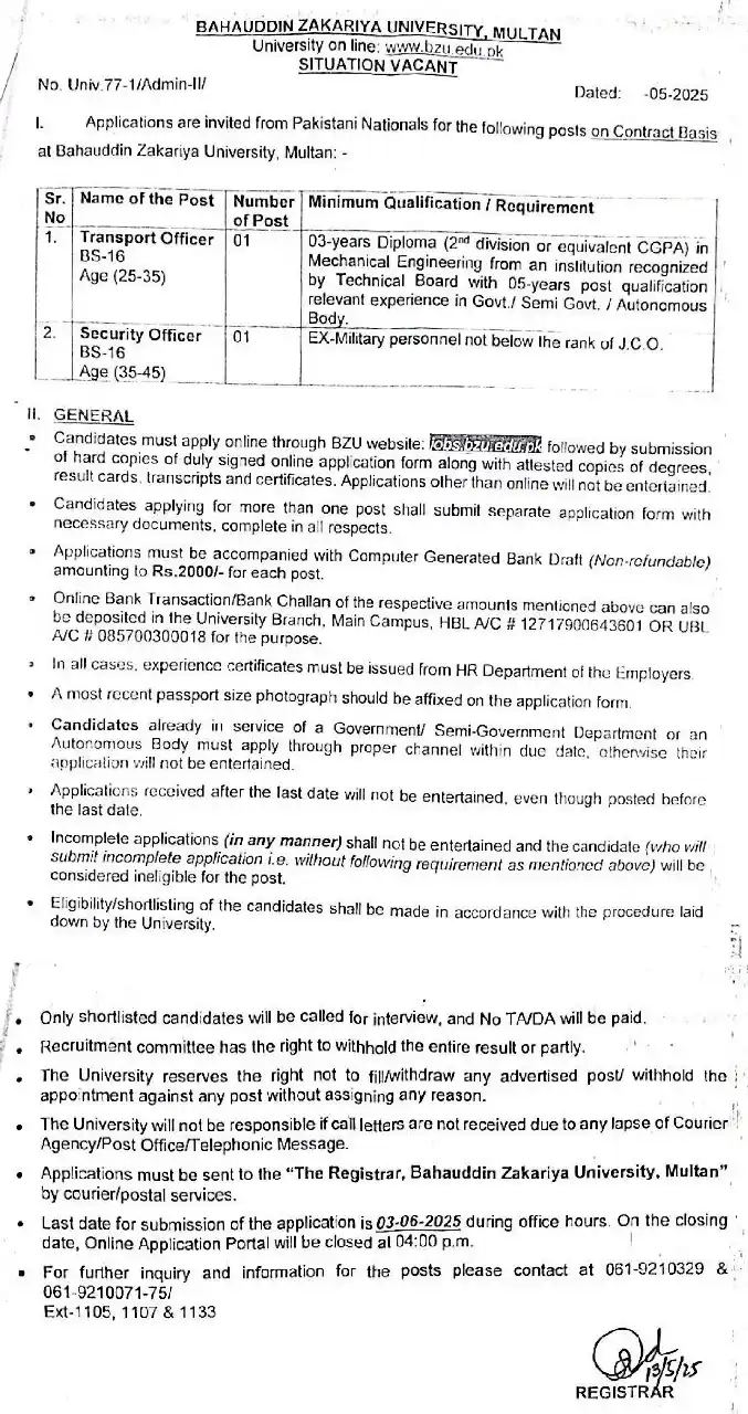 Bahauddin Zakariya University post