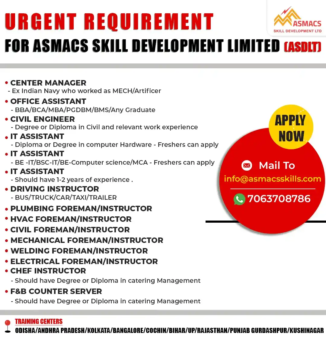 Image from Asmacs Jobs: 🚨 URGENT REQUIREMENT! Join ASMACS Skill Development Ltd. (ASDLT) – We...