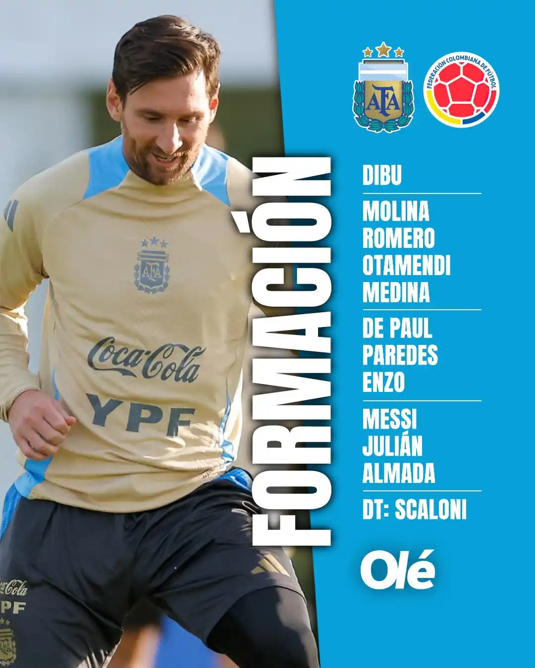 Image from Olé: EL PROBABLE XI DE ARGENTINA 🇦🇷🇨🇴 ⚽️ Con Messi desde el inicio (lo...