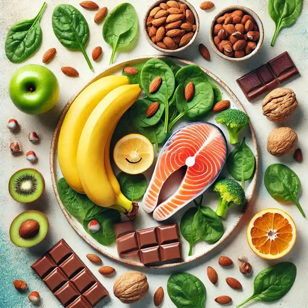 Image from خواطر صحية، طب، صحه، نصائح، طبية، اليمن، عدن، صور، استشارات، اقتباسات، نكت،ch: *`خواطر`* *أهم الأغذية التي تعزز من هرمونات السعادة: ✨✨*...