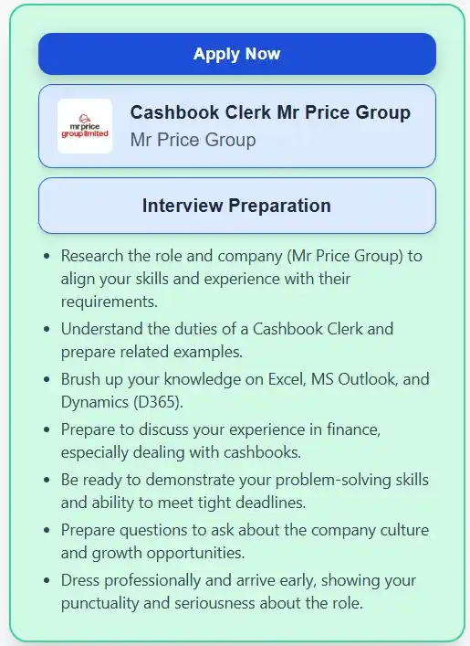 Image from Prayer and Career Guidance : Mr Price Group - Cashbook Clerk Mr Price Group 📍 Location: Durban, K...