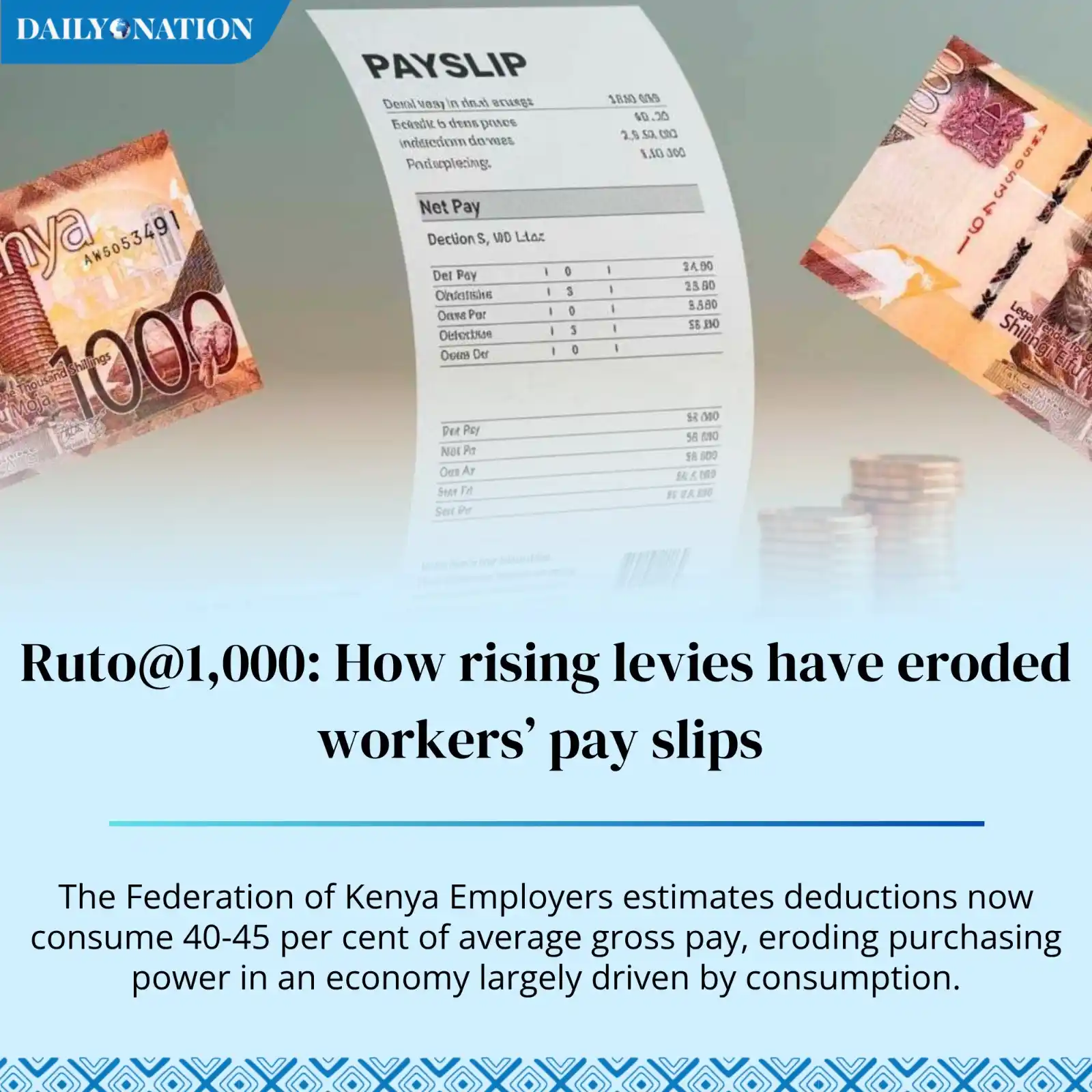 Image from Nation.Africa: Ruto@1,000: How rising levies have eroded workers’ pay slips https://n...