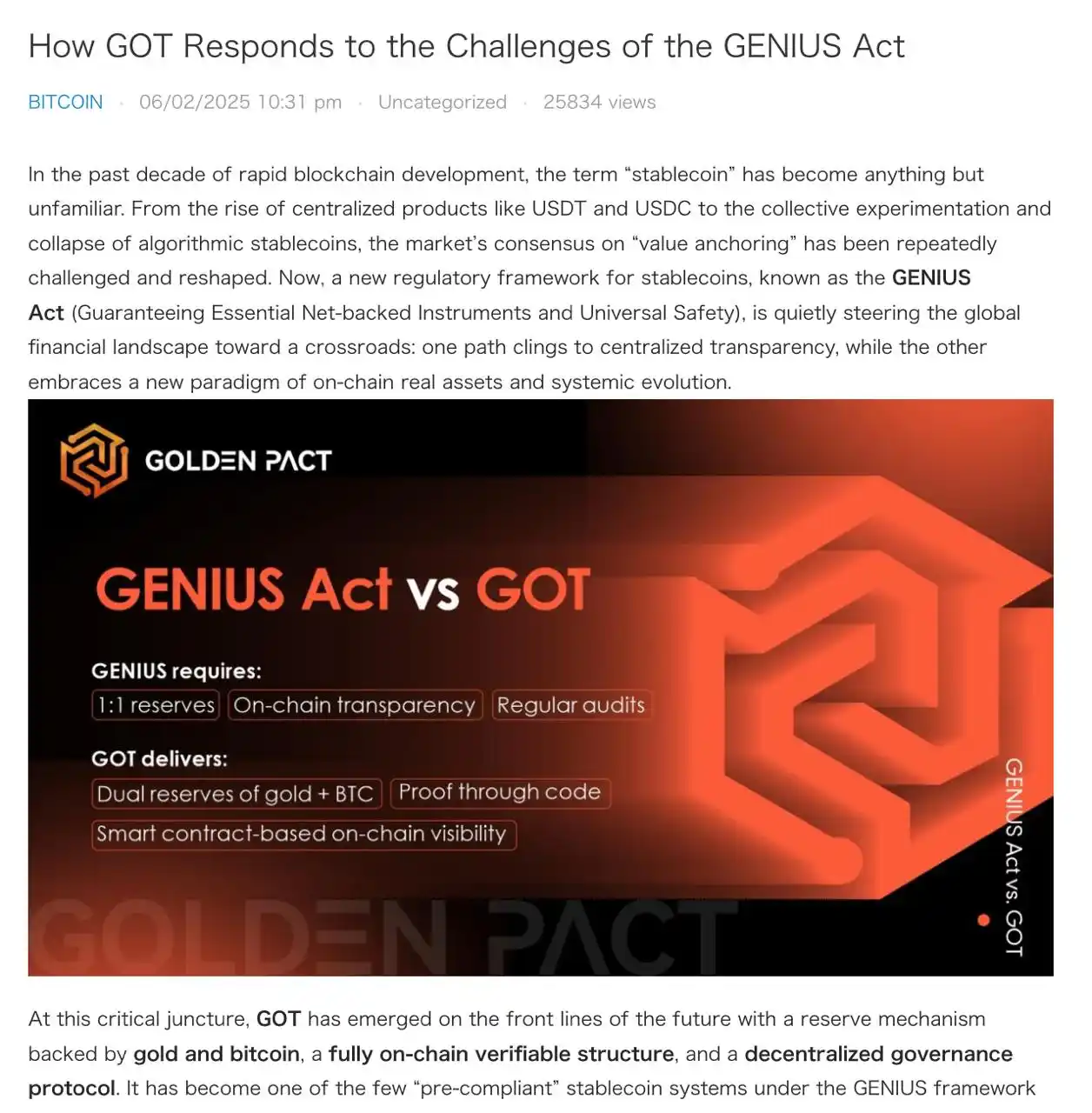 Image from 𝐆𝐎𝐋𝐃𝐄𝐍 𝐏𝐀𝐂𝐓 𝟏𝟎𝟎% 𝐓𝐑𝐀𝐍𝐒𝐏𝐀𝐑𝐄𝐍𝐓 𝐏𝐑𝐎𝐉𝐄𝐂𝐓,: The GENIUS Act is coming. Who’s truly “stable”? Decentralization isn’...