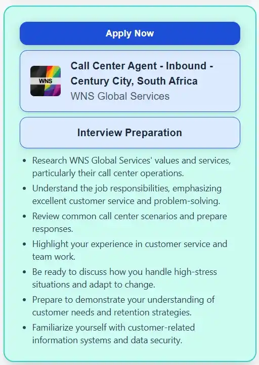 Image from Prayer and Career Guidance : WNS Global Services - Call Center Agent - Inbound - Century City, Sout...