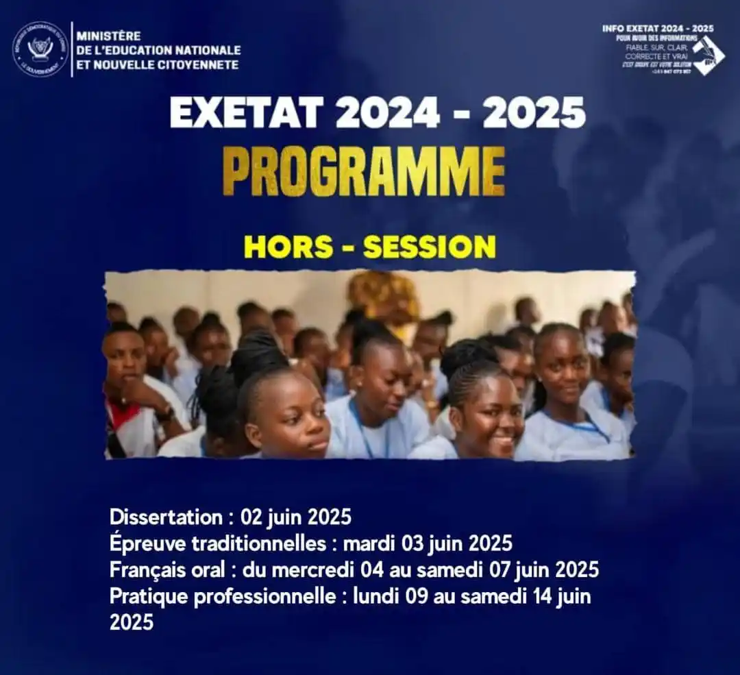 Image from INFOS EXETAT 2024-2025: *🛑PROGRAMME OFFICIEL – HORS SESSION EXETAT 2025 🇨🇩* *Demain, mardi...