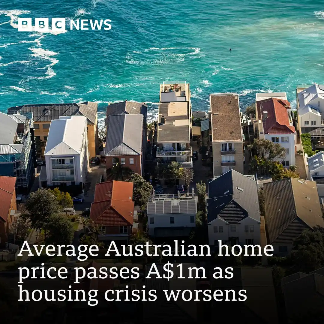 Image from BBC News: The average price of an Australian home has surpassed A$1m ($652,000; ...