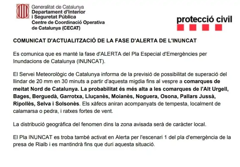 Image from Ajuntament de la Pobla de Lillet: 📢 COMUNICAT D'ACTUALITZACIÓ DE LA FASE D'ALERTA DE L'INUNCAT ℹ️ Es c...