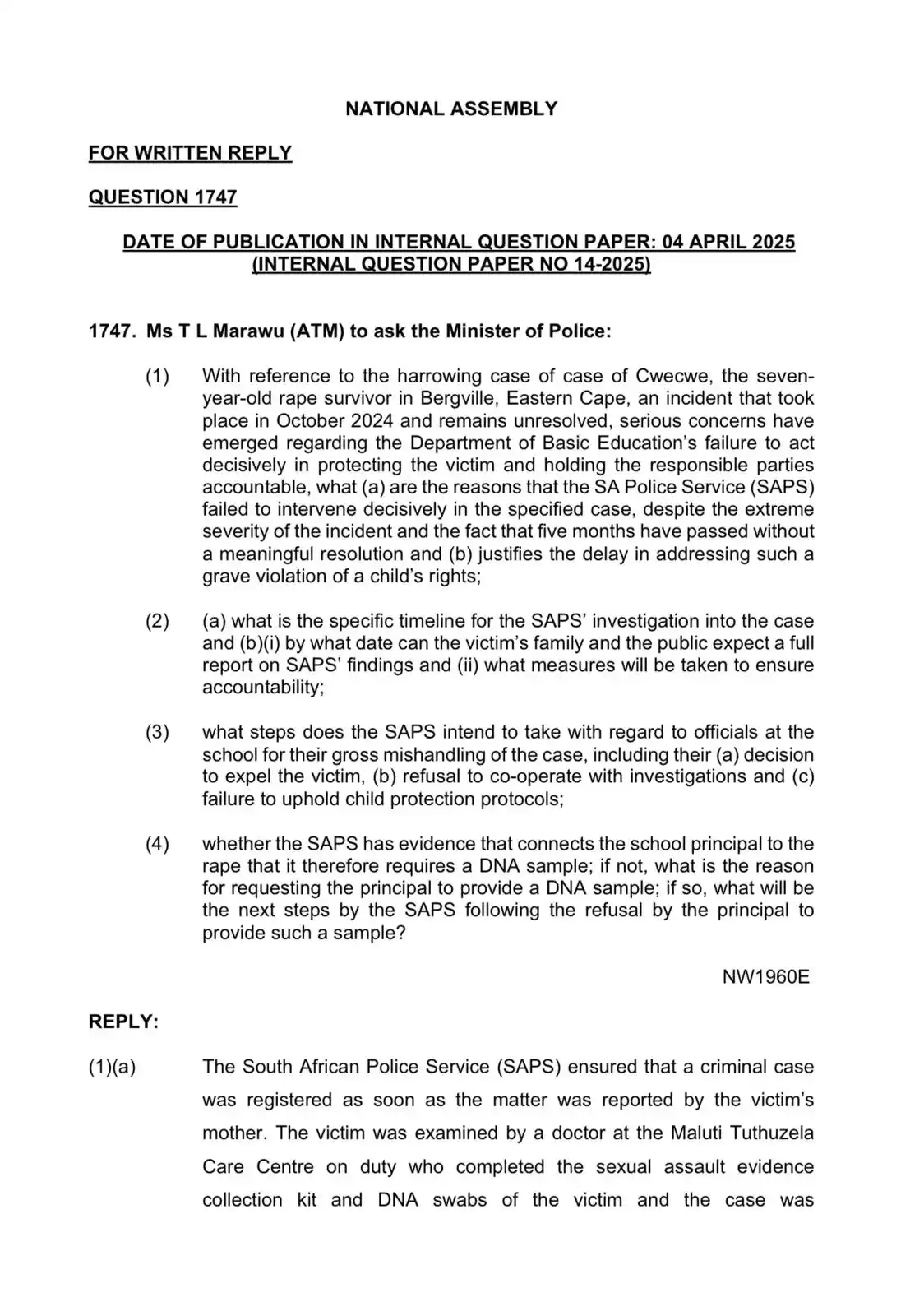 Image from African Transformation Movement: [READ]  ATM Chief Whip Hon Thandiswa Marawu received a response on the...