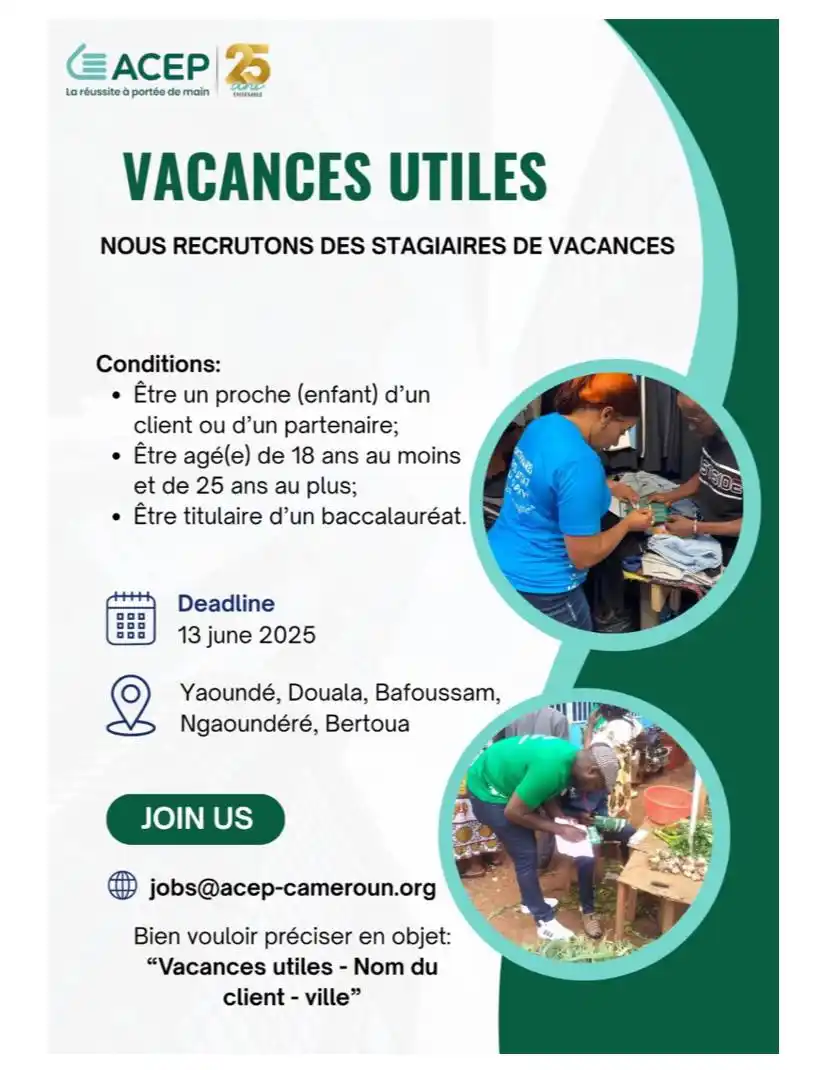 Image from Arch Africa Careers (#AAC): ACEP CAMEROUN RECRUTE DES STAGIAIRES DE VACANCES Dans le cadre du prog...