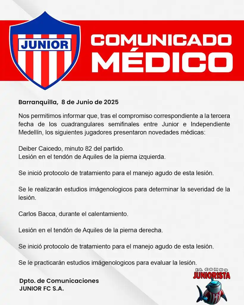 Image from El Combo Juniorista 💪🏻🦈🇦🇹♥️: 🚨COMUNICADO MÉDICO🚨 <a class="text-blue-500 hover:underline cursor-p...