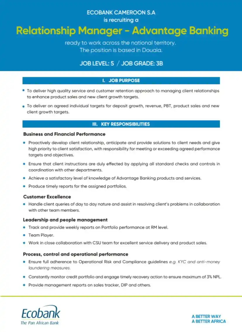 Image from Arch Africa Careers (#AAC): Join Ecobank Cameroon! We are recruiting a Relationship Manager - Adv...