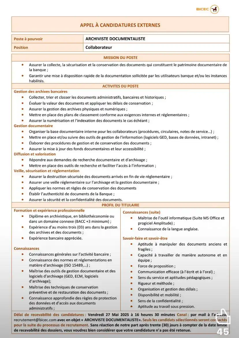 Image from Arch Africa Careers (#AAC): [Recrutement – Archiviste / Documentaliste]  La BICEC recrute un(e) pr...