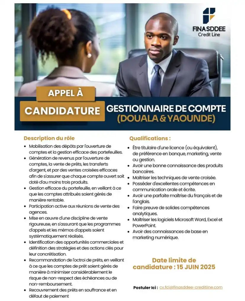 Image from Arch Africa Careers (#AAC): Recrutement ! 📣 FINASDDEE recherche des gestionnaires de compte dévou...