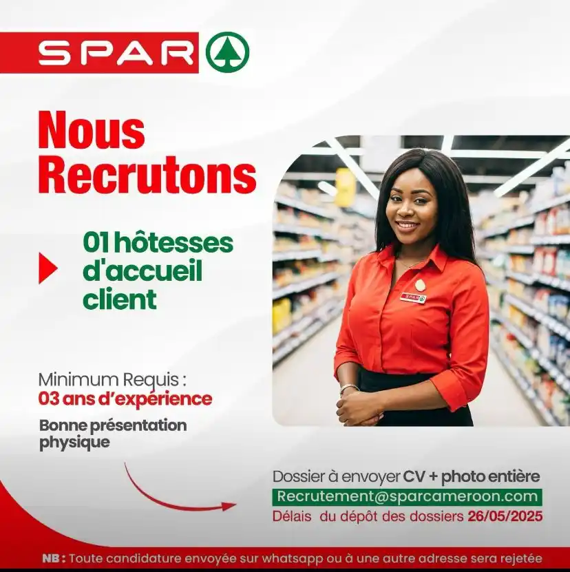 Image from Arch Africa Careers (#AAC): REJOIGNEZ L’ÉQUIPE SPAR ! Nous recrutons 01 hôtesse d’accueil client d...